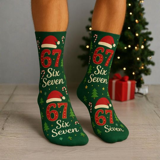 Discover Custom Custom Christmas Socks with Number 67  Fun Holiday Gift Socks with Santa Hat, Candy Canes & Trees  Personalized Xmas Sock Gift