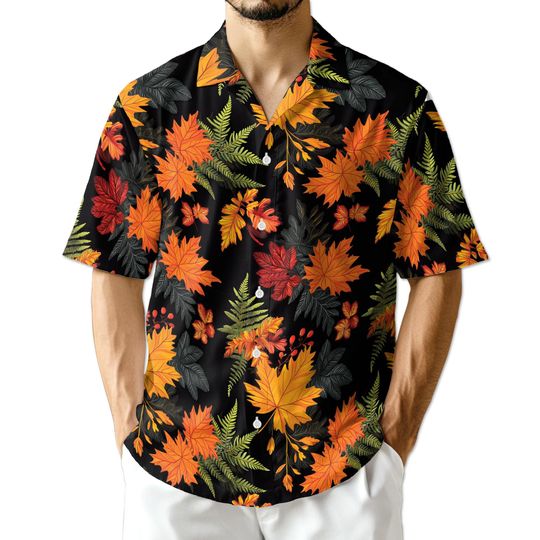 Happy Fall Leaves Pumpkin Hawaiian Shirt for Men, Tropical Thanksgiving Aloha Shirt, White Holiday Shirt
