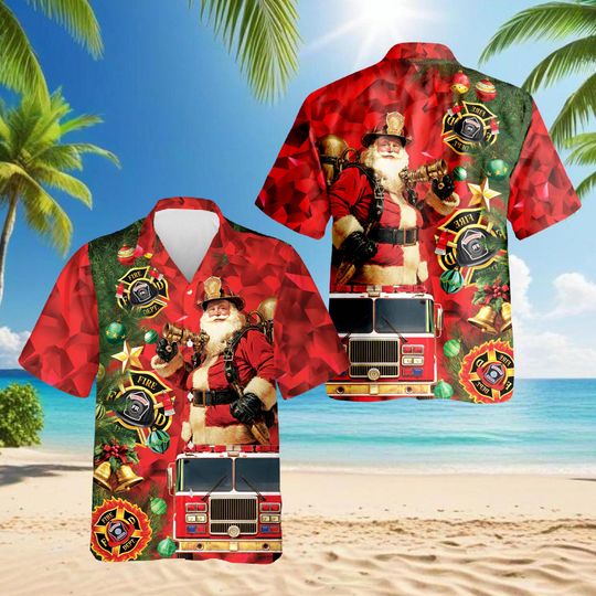 Discover Santa Claus Firefighter 3D Hawaiian Shirt Men Christmas Short Sleeve Aloha Shirt Tropical Holiday Beach