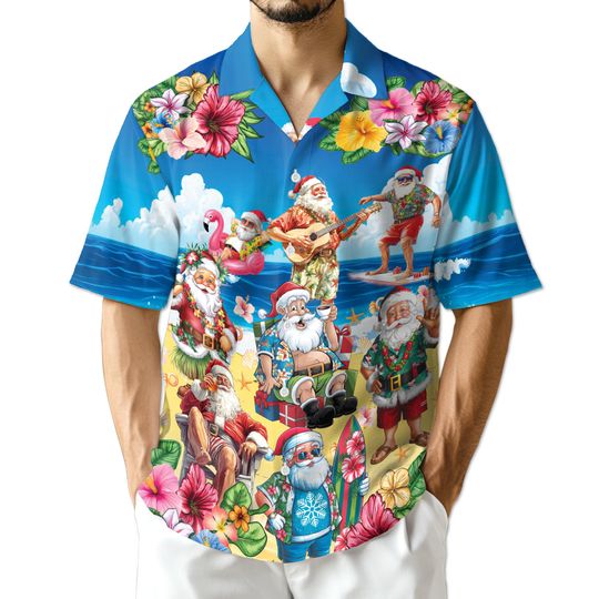 Discover Santa Beach Christmas Hawaiian Shirt, Tropical Santa Claus Aloha Shirt, Holiday Vacation Button-Up for Men & Women