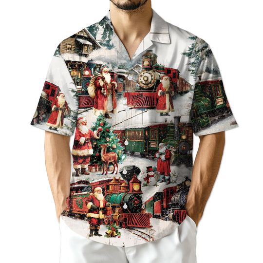 Discover Vintage Christmas Train Hawaiian Shirt for Men & Women, Retro Holiday Aloha Shirt, Festive Santa Gift