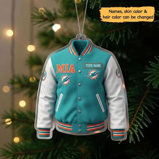 Discover Dolphins Varsity Jacket Ornament, Custom Name Christmas Gift, Football Fan Tree Decor, Personalized Ornament 2025