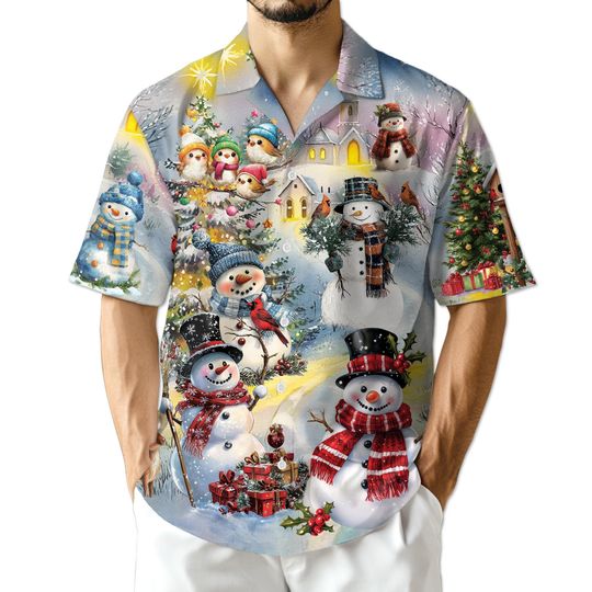 Discover Christmas Snowman Hawaiian Shirt, Holiday Aloha Shirt, Festive Winter Button-Up for Men & Women