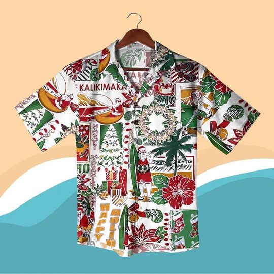 Mele Kalikimaka Patchwork Hawaiian Shirt with Surfing Santa Tropical Aloha Top for Holiday Party