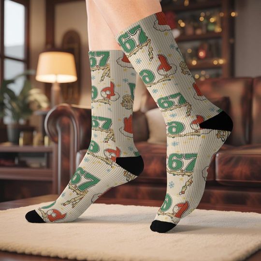Discover Custom Christmas Socks with Number 67  Personalized Holiday Socks with Santa Hat, Bells & Lights  Funny Festive Gift for Men or Women