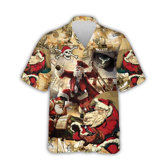 Discover Pirate Santa Christmas Hawaiian Shirt, Jolly Roger Aloha Top, Holiday Party Button Down Shirt for Men and Women