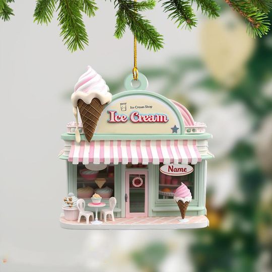 Discover Personalized Ice Cream Shop Ornament, Custom Name 2DPastel Storefront Decoration, Candy Shop Christmas Gift
