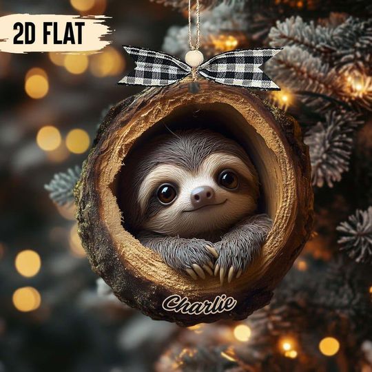 Discover Custom Name Cute Baby Sloth In Tree Hollow Wooden Ornament  2D Flat Not 3D, Cozy Forest Nest, Personalized Name, Christmas Tree Decor 2025