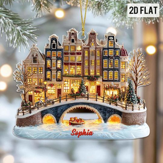 Discover Personalized Amsterdam Christmas Ornament 2D Flat, City Canal Travel, Holiday Travel Keepsake Gift, European City Scene, Netherlands Gift