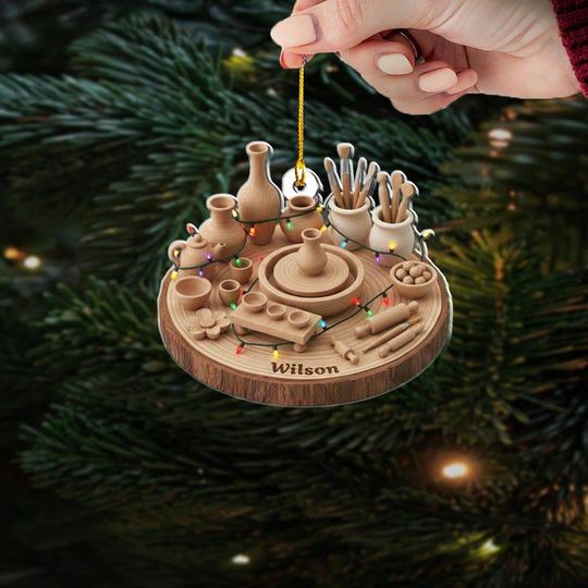 Discover Custom Clay Studio Christmas Decoration, Personalized Pottery Lover Ornament, Unique Gift for Ceramicist or Art Teacher