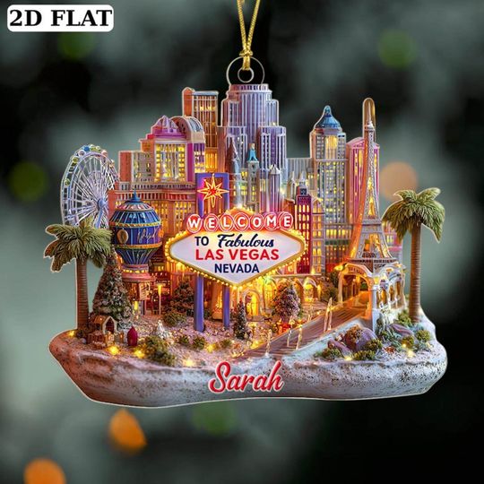 Discover Personalized Las Vegas Christmas Ornament, 2D Flat City Skyline Ornament, Vegas Holiday Decoration, Las Vegas Travel Gift, Las Vegas Travel