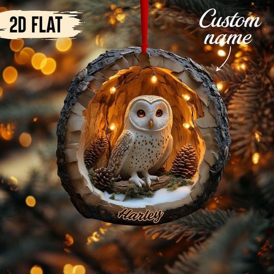 Discover Barn Owl In Snowy Hollow Wooden Ornament  2D Flat Not 3D, Pinecones & Warm Lights, Personalized Name, Christmas Tree Decor 2025