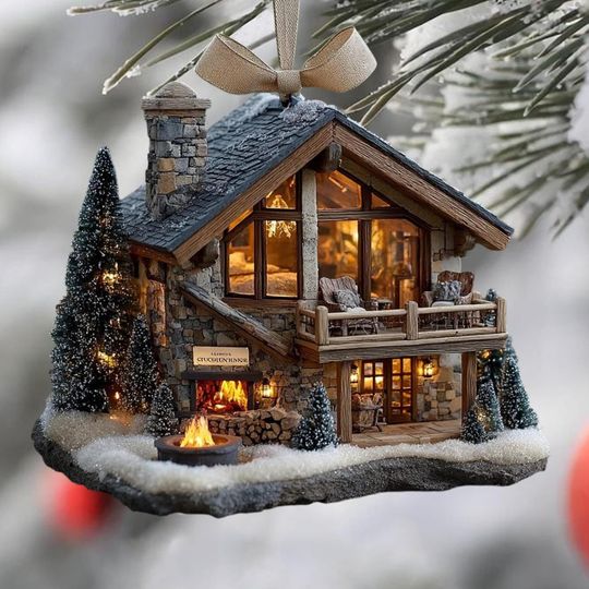 Discover Rustic Cabin 2D FLAT ORNAMENT, Snowy Lodge Christmas Tree Decor, Winter Chalet Ornament, Cozy Holiday Gift Idea