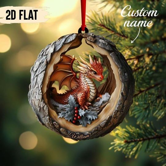Custom Name Fire Dragon in Snowy Hollow 2D Flat Printed Wooden Ornament  Fantasy Dragon Christmas Tree Decor, Not 3D,Dragon Lover Gift 2025