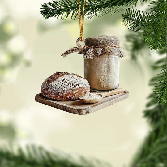 Personalized Sourdough Starter 2D Flat Ornament, Sourdough Christmas Decor, Sourdough Hanging Decor, Food Holiday Ornament