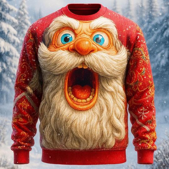 Discover Funny Santa Face Christmas Sweater  Bold Holiday Pullover with 3D Cartoon Print