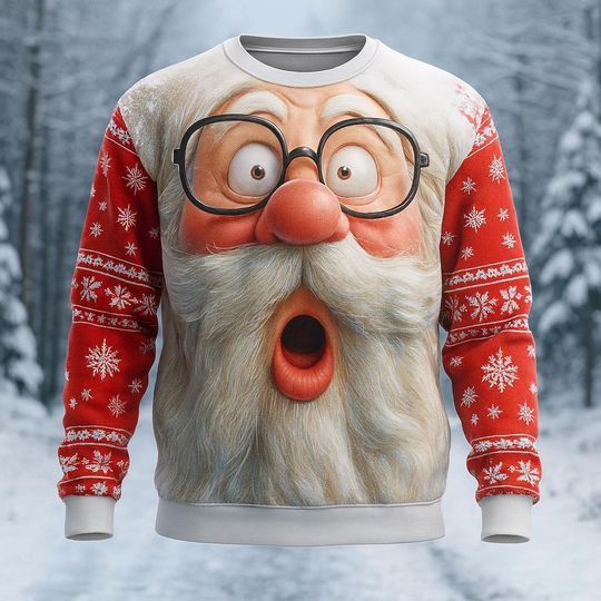 Discover Funny Santa Glasses Christmas Sweater  Holiday Pullover with 3D Cartoon Face Print