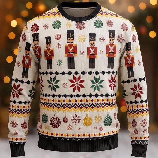 Nutcracker Christmas Sweater  Holiday Pullover with Soldiers, Snowflakes & Ornaments Pattern