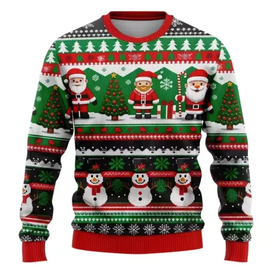 Discover Funny Santa Claus With Trees And Snowman Christmas Look Ugly Sweatshirt
