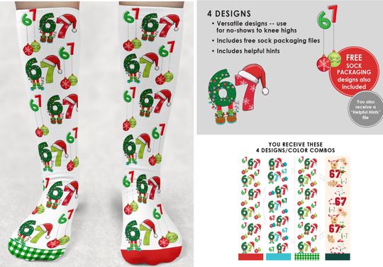 Discover 4 Holiday SIX SEVEN | 6-7 Sock Designs  Assorted Festive Designs  Funny  Viral Trend  Sublimation Digital Download png File