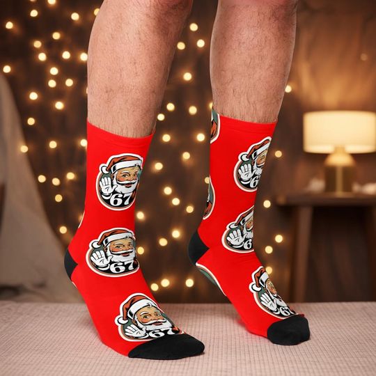 Discover Funny Santa Socks with 67 Print  Christmas Novelty Crew Socks for Men, Bold Red Holiday Socks Gift, Santa Face Pattern, Festive Fun Wear