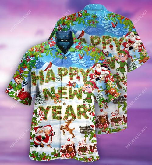 Discover Happy New Year Christmas Hawaiian Shirt, Festive Aloha Top, Santa Elf Snowman Party Button Down Shirt for Men Women Family