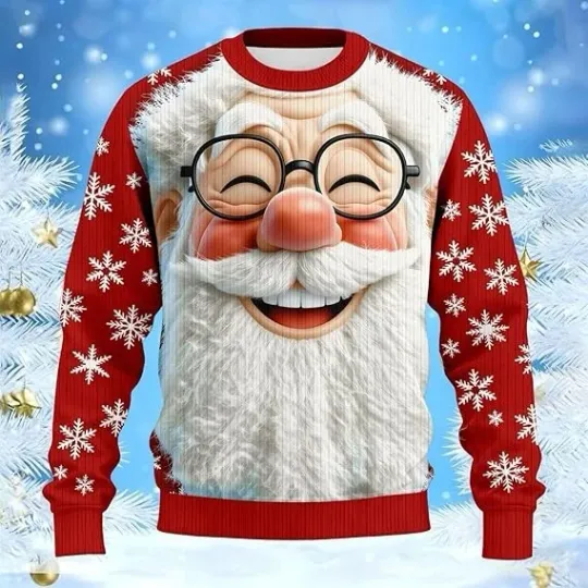 Discover Happy Santa Face 3D Print Ugly Christmas Sweater Funny Holiday