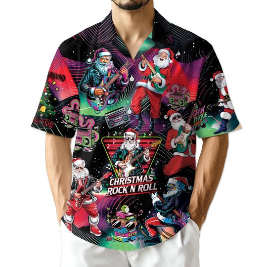 Discover Christmas Santa Claus Hawaiian Shirt with Guitar Print for Men and Women