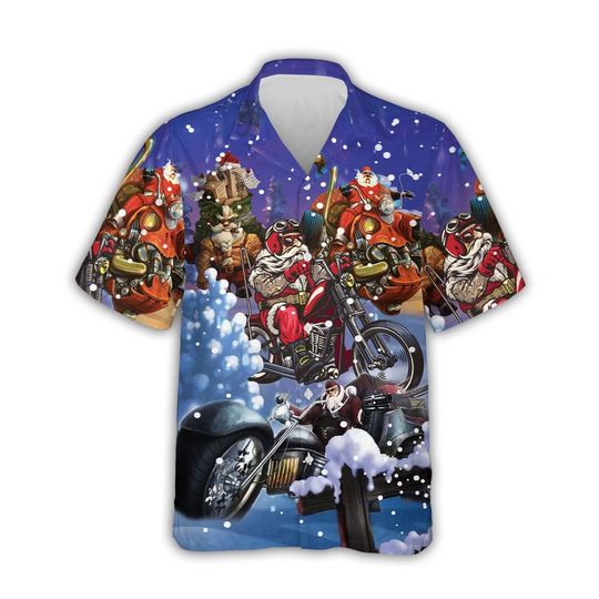 Discover Biker Santa Christmas Hawaiian Shirt, Motorcycle Holiday Aloha Button Down Shirt for Riders