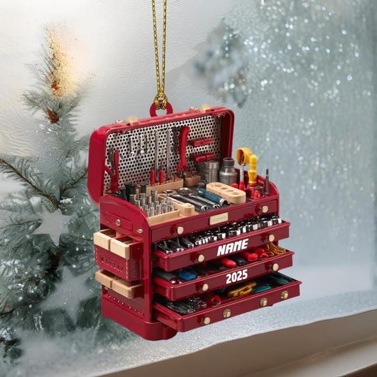 Discover Custom Mechanic Tool Box Christmas Acrylic Ornament, Repair Tool Kit Flat Ornament Decor, Personalized Mechanic Tool Box Flat Ornament