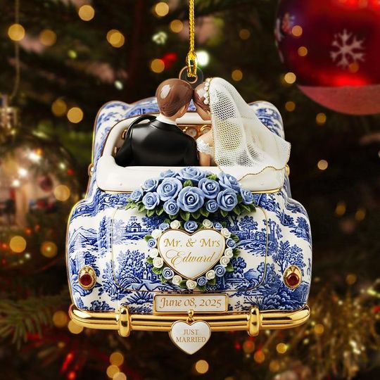 Personalized Just Married Toile de Jouy Ornament, Custom Wedding Gifts For Couple, 2025 Mr and Mrs, First Christmas Married, Newlywed Car