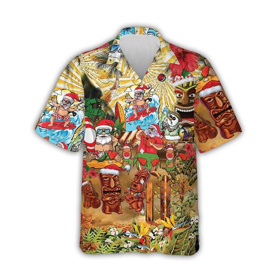Discover Vintage Tiki Christmas Hawaiian Shirt with Surfing Santa, Aloha-style Festive Button-Down for Family