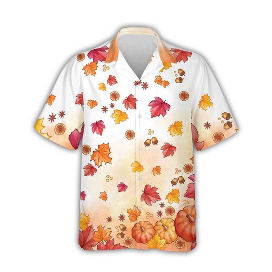 Discover Watercolor Fall Hawaiian Shirt with Autumn Leaves and Pumpkin, Elegant Thanksgiving Button-Down Top