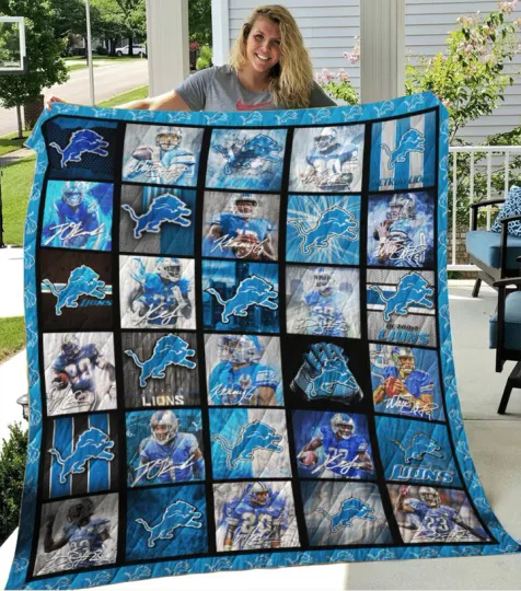 Detroit Lions Legends Football Team 3D Quilt Blanket - Light Blue-