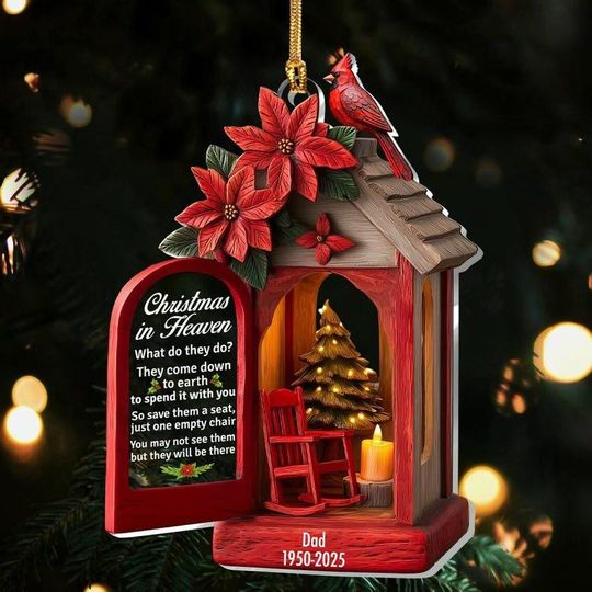Christmas in Heaven Memorial Ornament, Personalized Empty Chair Remembrance Gift, Cardinal Lantern Loss of Dad Sympathy