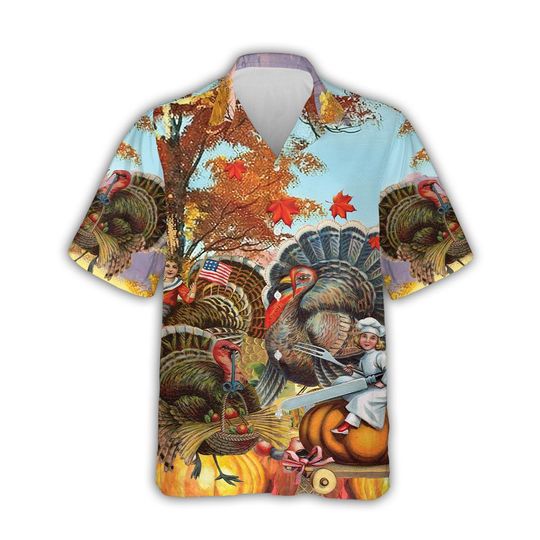 Vintage Hawaiian Thanksgiving Shirt, Retro Turkey Aloha Top, Classic Fall Harvest Button-Down for Family Matching