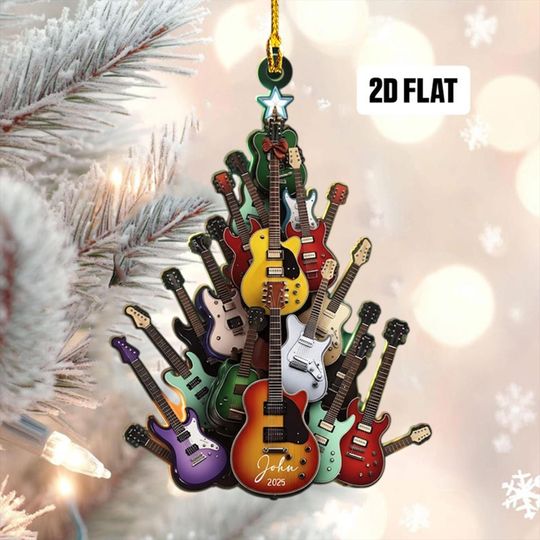 Personalized Guitar Tree Ornament, Custom Electric Guitar Christmas Decor, Music Lover Gift, Musician Gift, 2D Flat Guitar Player Keepsake