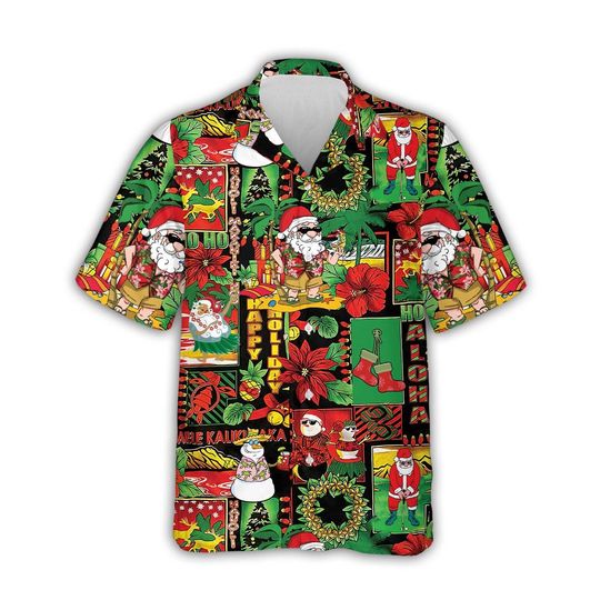 Mele Kalikimaka Patchwork Hawaiian Shirt, Tropical Christmas Aloha Top, Surfing Santa Button-Down