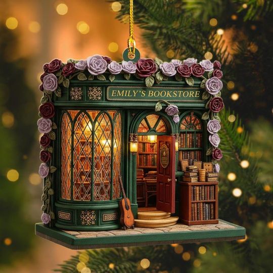 Discover Personalized Bookstore Ornament 2025, Custom Name Book Store Gifts, Book Lover Christmas, 2D Flat Wooden Miniature Library, Reader Bookshelf