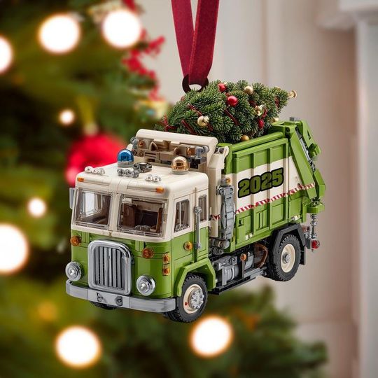Discover Garbage Truck Christmas Ornament, Green Sanitation Truck with Christmas Tree, Personalized Name Year, Recycling Worker Gift, Holiday 2025