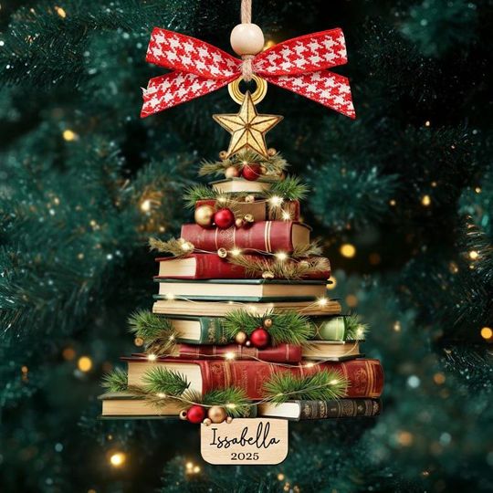 Discover Personalized Christmas Book Tree Name Ornament, Custom Bookish Gift, 2D Flat Book Tree Ornament