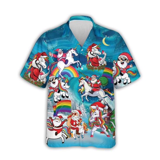 Discover LGBTQ+ Pride Christmas Hawaiian Shirt, Santa Unicorn Rainbow Aloha Top, Funny Xmas Party Button Down