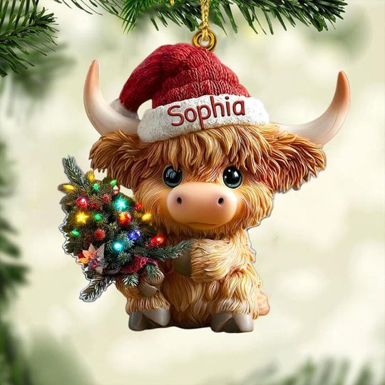 Custom 2D Flat Highland Cow Acrylic Ornament, Cute Christmas Cow Holding Tree, Highland Cow Kids Gift Holiday Ornament
