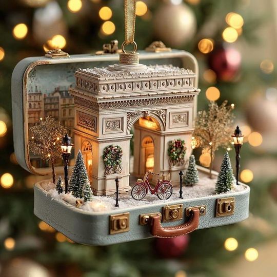 Discover Parisian Arc De Triomphe Christmas Ornament Vintage Suitcase Diorama French Holiday Decor Unique Travel Theme Gift
