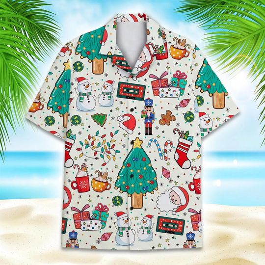 Discover Cute Christmas Hawaiian Shirt, Holiday Aloha Top, Santa Snowman Xmas Tree Print, Ugly Christmas Party Gift