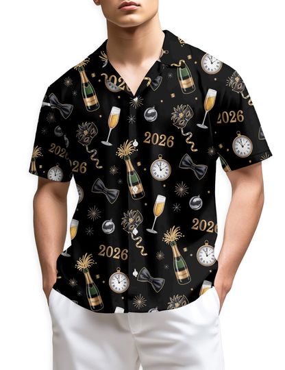 Discover Happy New Year 2026 Hawaiian Shirt, New Year's Eve Aloha Top, Festive Party Button Down Shirt for Men Women Family