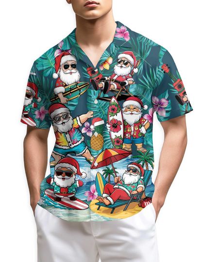 Discover Funny Surfing Santa Tropical Hawaiian Shirt, Beach Xmas Aloha Top, Holiday Vacation Button Down Shirt for Men Women Family