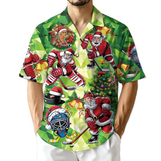 Discover 3D Hockey Santa Christmas Hawaiian Shirt Full Size S-5XL, Ice Hockey Aloha Top, Holiday Party Button Down Shirt for Family