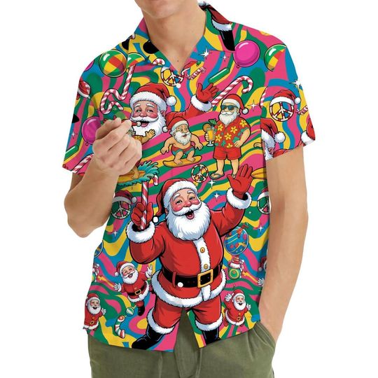 Discover Funny Christmas Hawaiian Shirt for Men, Women & Youth, Trippy Santa Summer Aloha Shirt, Retro Holiday Beach Shirt