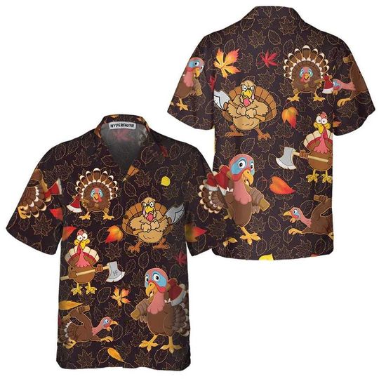 Funny Thanksgiving Hawaiian Shirt with Cartoon Turkey and Fall Leaves, Aloha Button-up for Men & Women